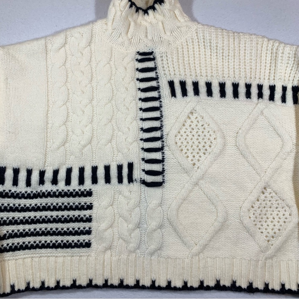 Contrast Patchwork Cream Black Crop Cable Knit Sw… - image 4